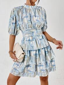 SHEIN Privé 滿版印花泡泡袖荷葉邊連衣裙 - 彩色 - 查看 5