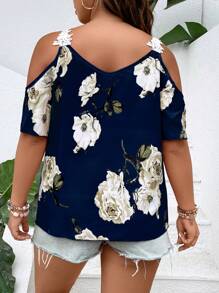 SHEIN Plus Floral Print Cold Shoulder Appliques Detail Blouse, Summer - Navy Blue - View 2