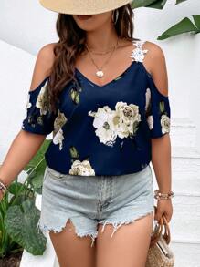 SHEIN Plus Floral Print Cold Shoulder Appliques Detail Blouse, Summer - Navy Blue - View 3