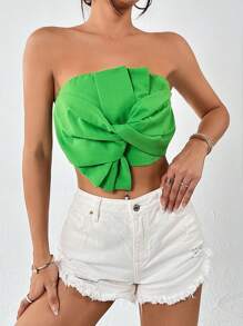 SHEIN Privé 素色前扭結抹胸上衣 - 綠色 - 查看 1