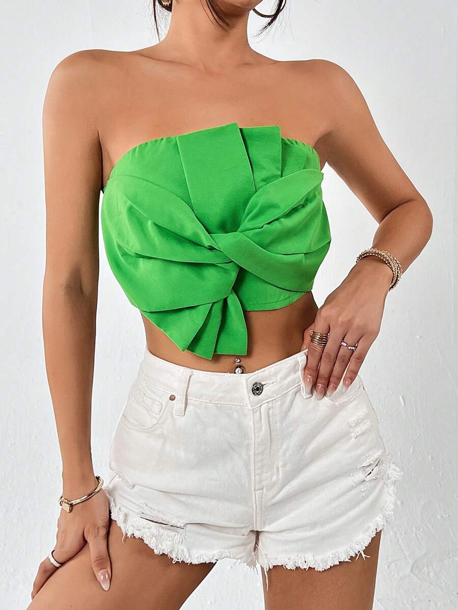 SHEIN Privé 素色前扭結抹胸上衣 - 綠色 - 查看 1