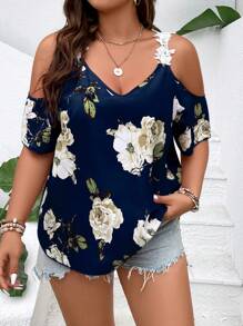 SHEIN Plus Floral Print Cold Shoulder Appliques Detail Blouse, Summer - Navy Blue - View 4