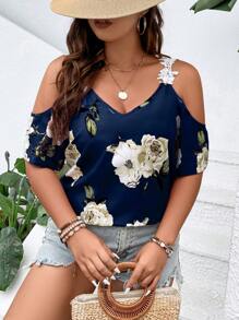 SHEIN Plus Floral Print Cold Shoulder Appliques Detail Blouse, Summer - Navy Blue - View 5