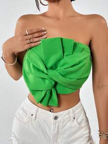 SHEIN Privé 素色前扭結抹胸上衣 - 綠色 - 查看 3