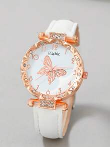 inschic inschic 1入組水鑽裝飾圓形指針石英手錶和4入组/套手環 - 白色 - 查看 3