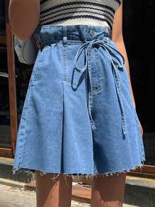 Dazy Designer High Waist Raw Hem Belted Wide Leg Denim Shorts - Medium Wash - View 1