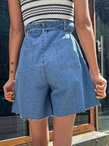 Dazy Designer High Waist Raw Hem Belted Wide Leg Denim Shorts - Medium Wash - View 2