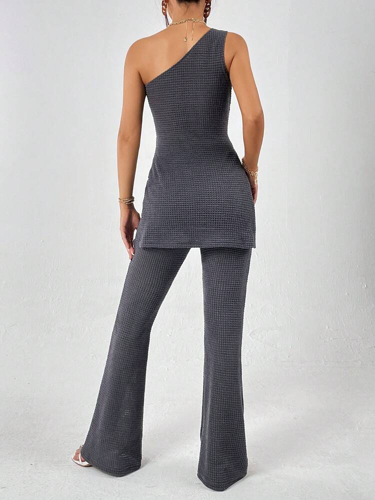 One Shoulder Split Hem Top & Flare Leg Pants