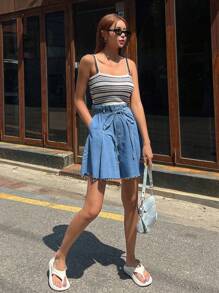 Dazy Designer High Waist Raw Hem Belted Wide Leg Denim Shorts - Medium Wash - View 7