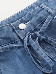 Dazy Designer High Waist Raw Hem Belted Wide Leg Denim Shorts - Medium Wash - View 9