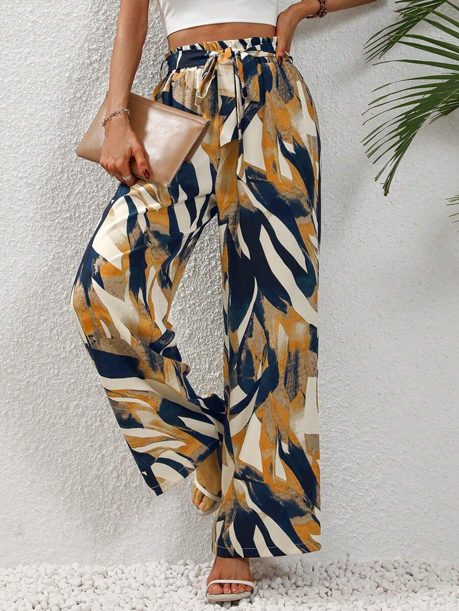 Breezaya 滿版印花紙袋腰腰帶闊腿褲 - 黃色 - 查看 1