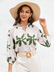Aveloria Floral Print Tie Neck Raglan Sleeve Blouse