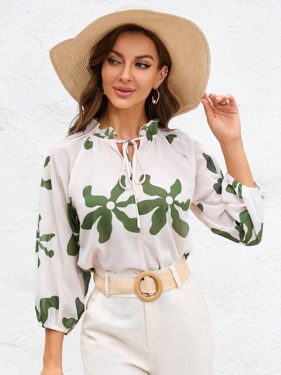 Aveloria Floral Print Tie Neck Raglan Sleeve Blouse