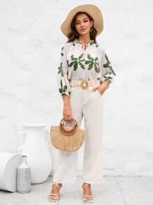 Aveloria Floral Print Tie Neck Raglan Sleeve Blouse