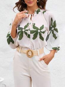 Aveloria Floral Print Tie Neck Raglan Sleeve Blouse