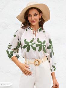 Aveloria Floral Print Tie Neck Raglan Sleeve Blouse