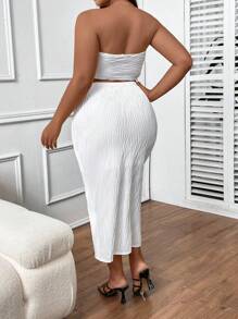SHEIN Allurite Plus Solid Tube Top & Twist Front Split Thigh Skirt - White - View 2
