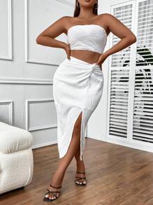 SHEIN Allurite Plus Solid Tube Top & Twist Front Split Thigh Skirt - White - View 5