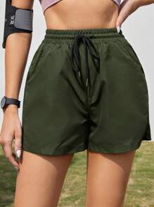 Yoga Basic Drawstring Waist Slant Pocket Sports Shorts - Army Green - View 1
