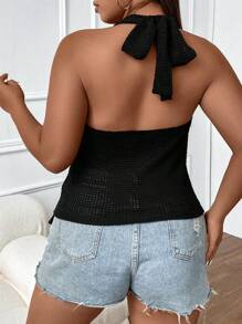 Celure 大碼流蘇邊露背掛脖上衣 - 黑色 - 查看 2