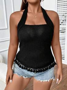 Celure 大碼流蘇邊露背掛脖上衣 - 黑色 - 查看 6