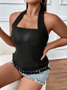 Celure 大碼流蘇邊露背掛脖上衣 - 黑色 - 查看 8