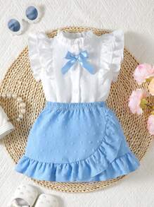 Baby Girl Ruffle Trim Bow Front Blouse & Swiss Dot Skirt