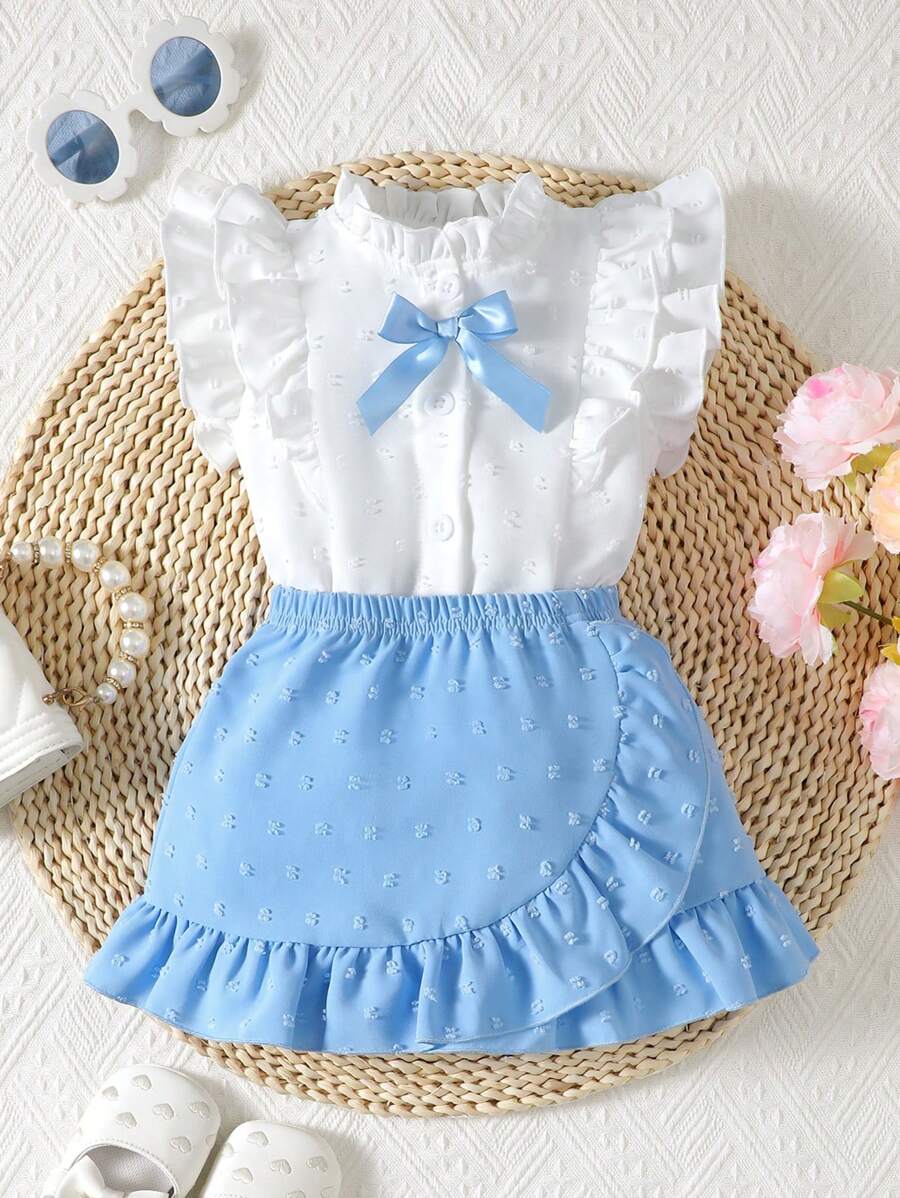 Baby Girl Ruffle Trim Bow Front Blouse & Swiss Dot Skirt