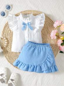 Baby Girl Ruffle Trim Bow Front Blouse & Swiss Dot Skirt