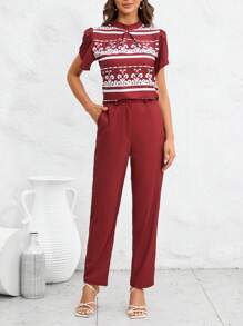 SHEIN Clasi 圖案印花花瓣袖襯衫和褲子 - 紅木色 - 查看 1