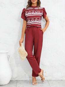 SHEIN Clasi 圖案印花花瓣袖襯衫和褲子 - 紅木色 - 查看 3