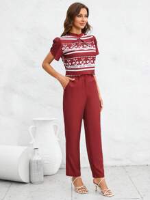 SHEIN Clasi 圖案印花花瓣袖襯衫和褲子 - 紅木色 - 查看 4