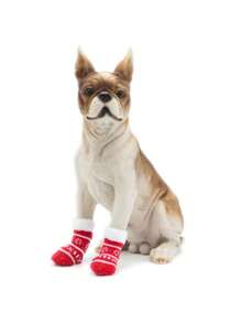 4 pièces/set Chaussettes d'intérieur pour animaux de compagnie, motif flocon de neige de Noël rouge, antidérapant, anti-salissure, insonorisant, convient pour les chiens de 10 à 40 kg - Rouge et Blanc - Voir 2