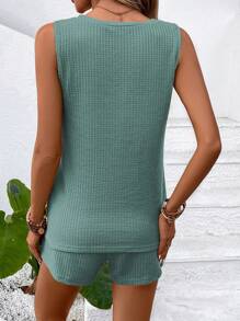 SHEIN LUNE Waffle Knit Tank Top & Tie Front Shorts - Green - View 2
