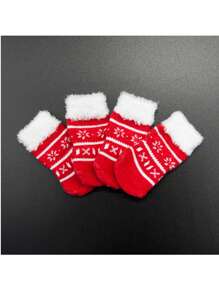 4 pièces/set Chaussettes d'intérieur pour animaux de compagnie, motif flocon de neige de Noël rouge, antidérapant, anti-salissure, insonorisant, convient pour les chiens de 10 à 40 kg - Rouge et Blanc - Voir 1