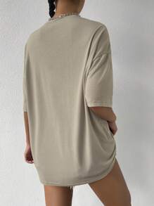 Chiquease Tshirt mit Sonnen- und Buchstabenprint, oversized, Drop-Shoulder für Frauen, khaki, Teenager Mädchen Sets - Khaki - Übersicht 2