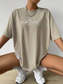 Chiquease Tshirt mit Sonnen- und Buchstabenprint, oversized, Drop-Shoulder für Frauen, khaki, Teenager Mädchen Sets - Khaki - Übersicht 3