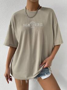 Chiquease Tshirt mit Sonnen- und Buchstabenprint, oversized, Drop-Shoulder für Frauen, khaki, Teenager Mädchen Sets - Khaki - Übersicht 4