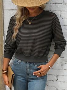 SHEIN LUNE Striped Sheer Drop Shoulder Sweatshirt - Dark Green - View 1