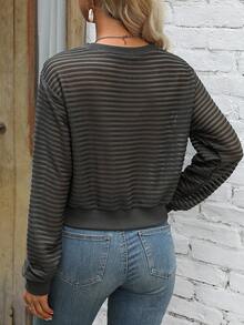 SHEIN LUNE Striped Sheer Drop Shoulder Sweatshirt - Dark Green - View 2
