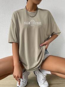 Chiquease Tshirt mit Sonnen- und Buchstabenprint, oversized, Drop-Shoulder für Frauen, khaki, Teenager Mädchen Sets - Khaki - Übersicht 6