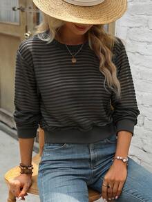 SHEIN LUNE Striped Sheer Drop Shoulder Sweatshirt - Dark Green - View 6