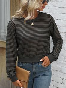 SHEIN LUNE Striped Sheer Drop Shoulder Sweatshirt - Dark Green - View 7