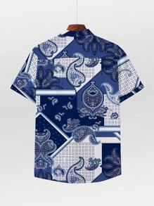 男士佩斯利印花前排扣襯衫 - 藍白色 - 查看 2