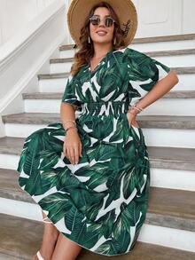 SHEIN VCAY Plus Tropical Print Shirred Waist Dress - Green - View 3