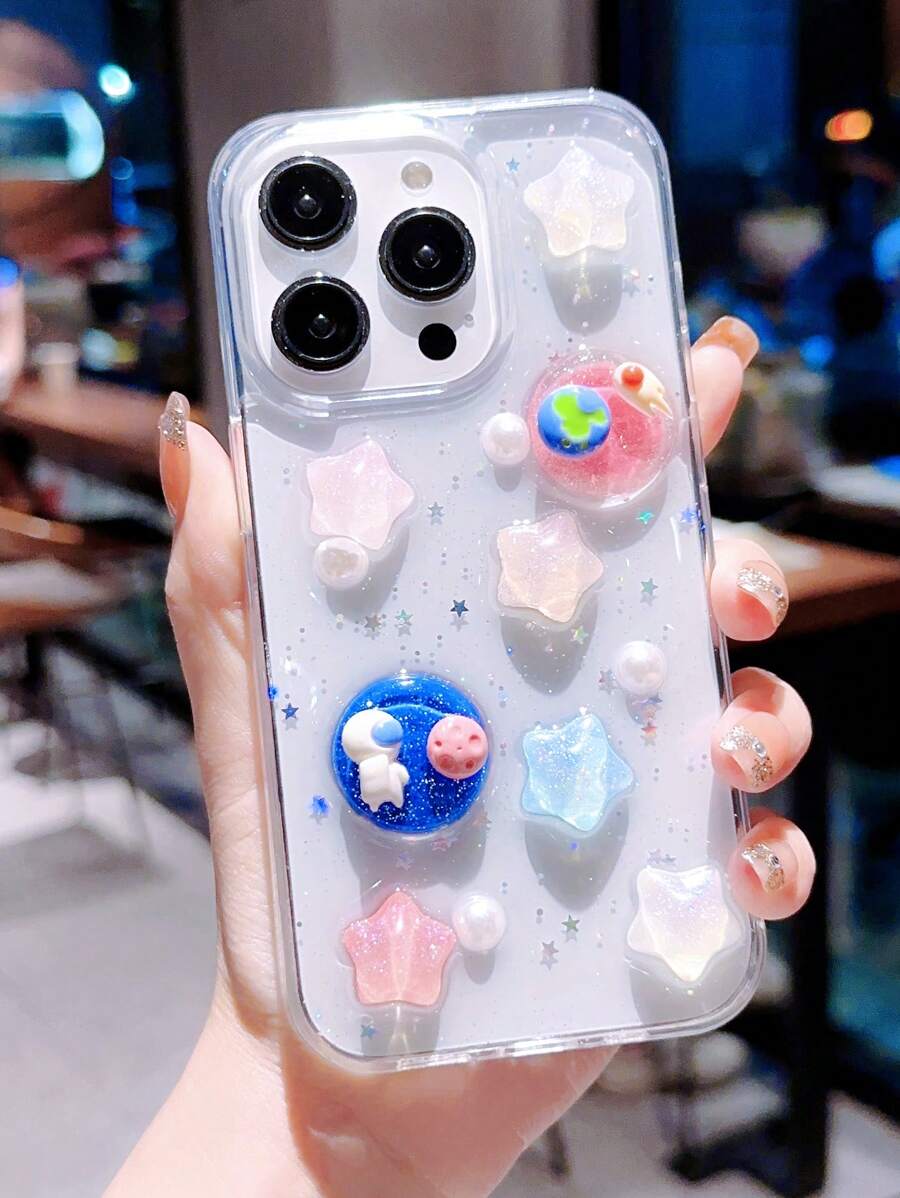 1pc Liquid Silicone Planet & Moon Phone Case Compatible With Iphone 13 Pro Max - Multicolor - View 1