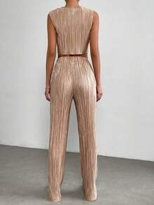 SHEIN EZwear Solid Crop Tank Top & Trousers - Khaki - View 2