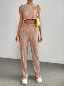 SHEIN EZwear Solid Crop Tank Top & Trousers - Khaki - View 1