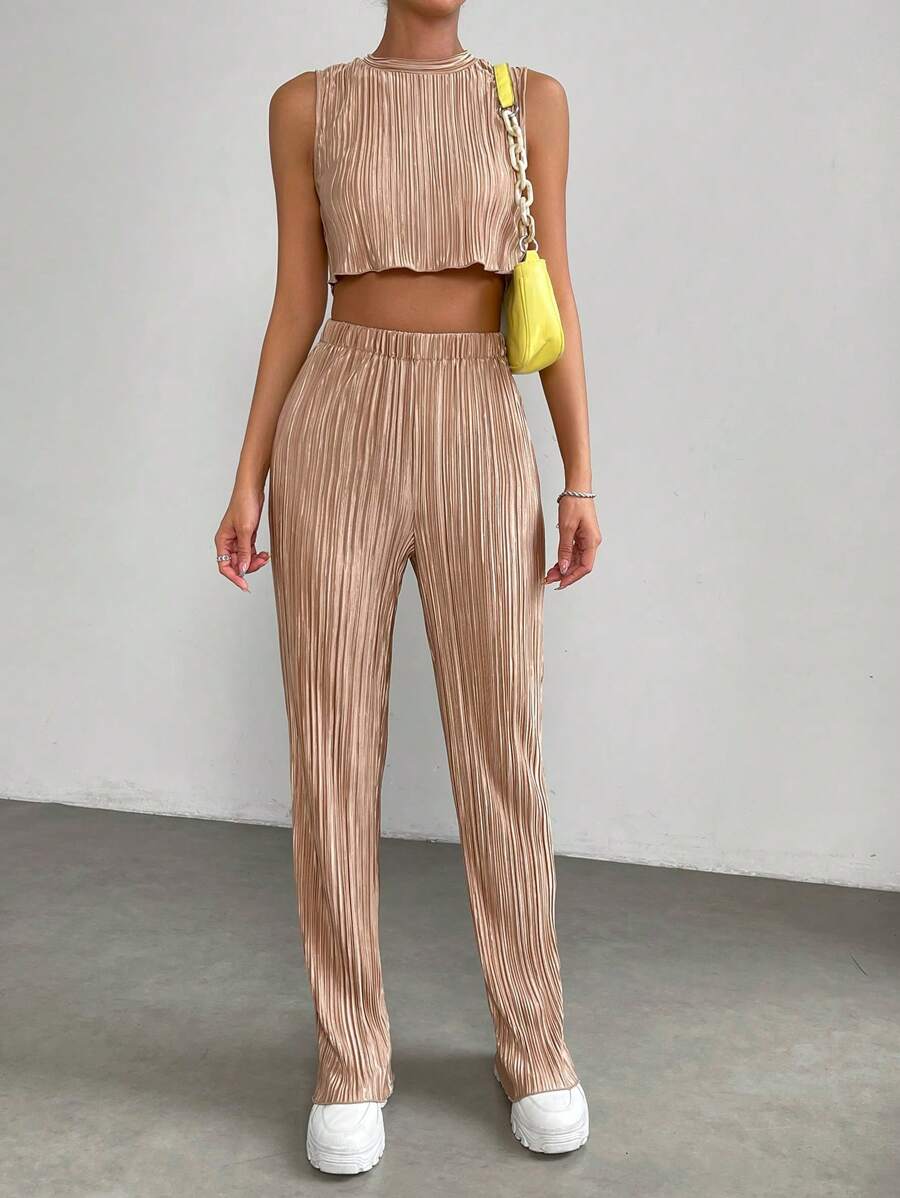 SHEIN EZwear Solid Crop Tank Top & Trousers - Khaki - View 1