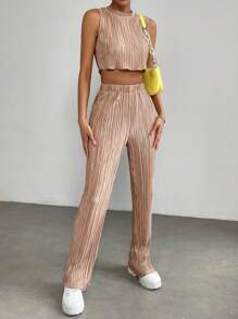 SHEIN EZwear Solid Crop Tank Top & Trousers - Khaki - View 6